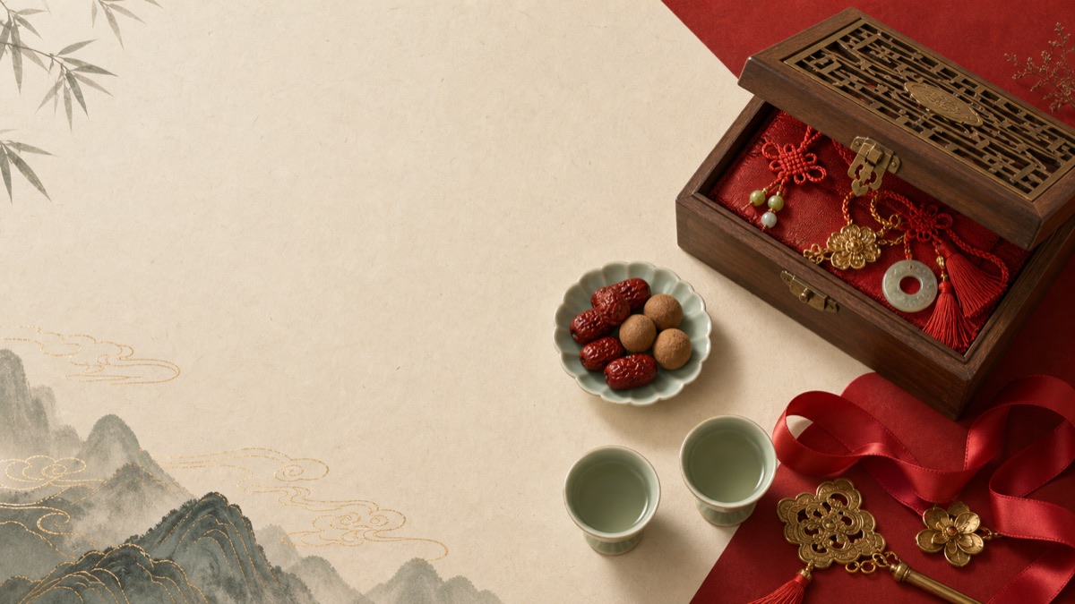 聘禮盒、紅棗桂圓與青瓷茶杯的訂婚吉日圖