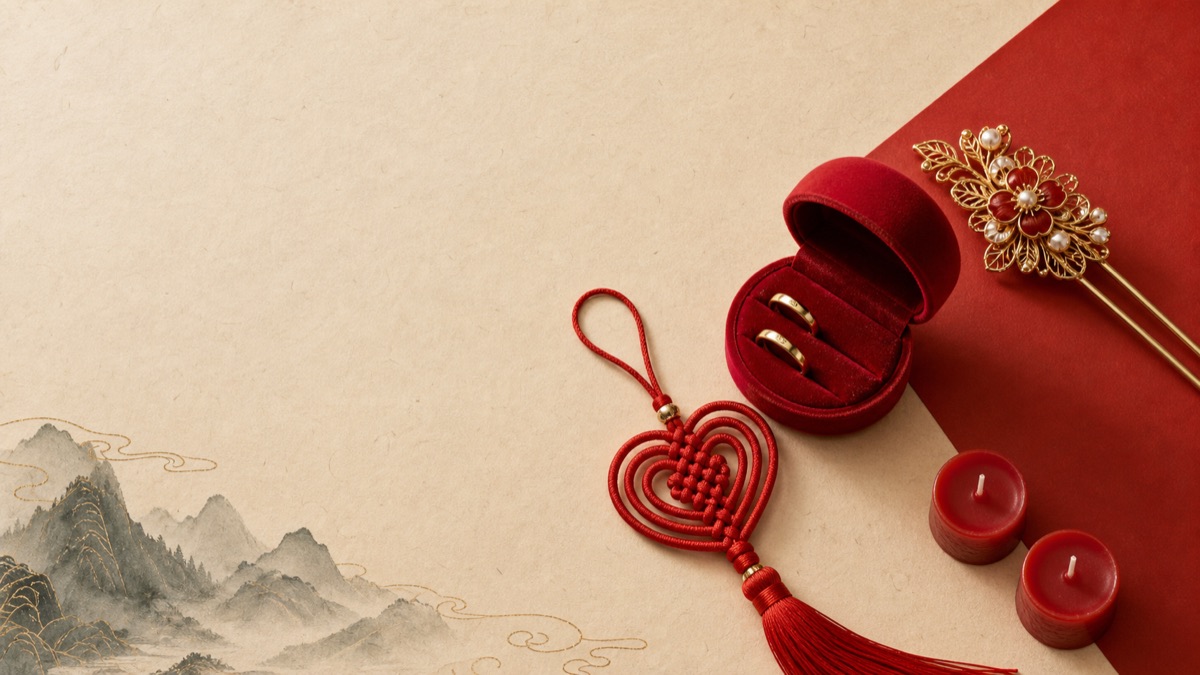 紅絨盒中的金戒指與同心結喜線的結婚吉日圖